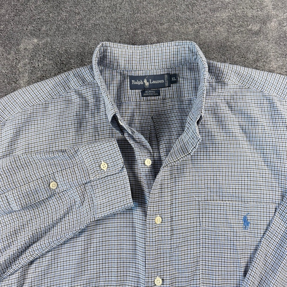 Ralph Lauren Blaire Mens XL Blue White Micro Check Cotton Button Down Shirt